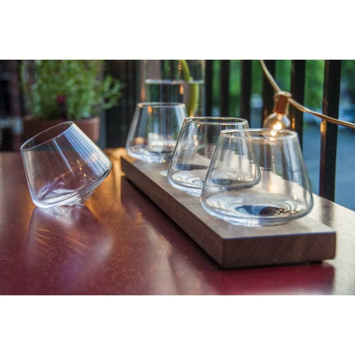 Flight of 5oz Whiskey Glasses on Walnut Finished Stand for wholesale by Swoon Living