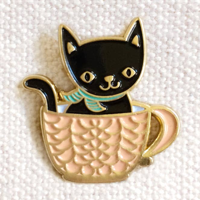 Coffee Kitty Enamel Pin for wholesale by Night Owl Paper Goods