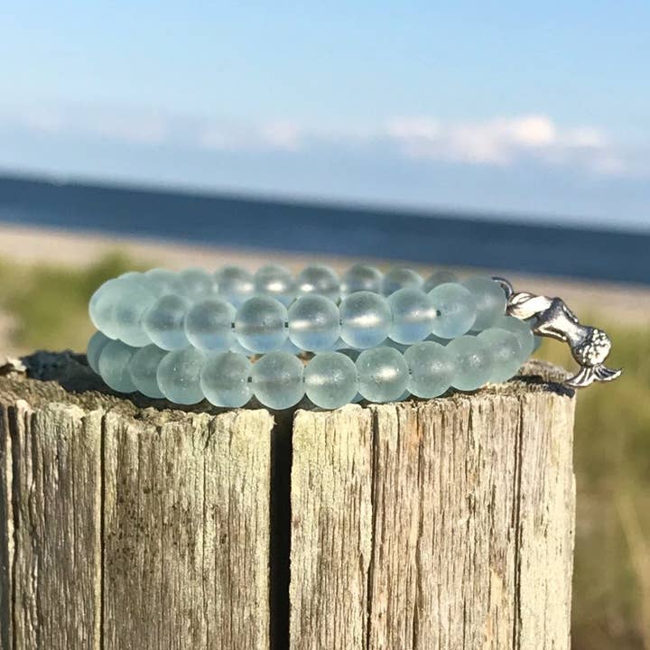 Wave of Life - Wholesale Beaded Bracelet - Pale Aqua Tumbled Sea Glass Beads Wrap Bracelet with Mermaid Charm