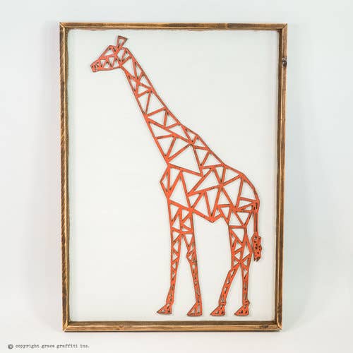 Arte de pared de madera con diseño de jirafa geométrica enmarcada para venta al por mayor de Grace Graffiti