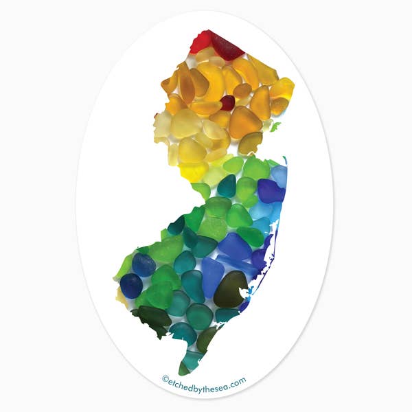 Rainbow Sea Glass New Jersey Map Sticker for wholesale by Beachcombing / Etched by the Sea