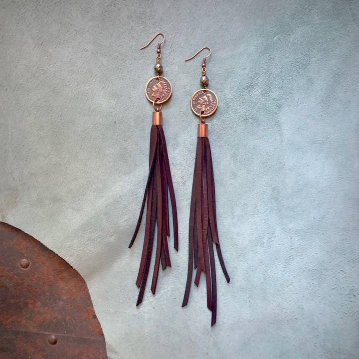 ASTALI - Wholesale Tassel Earrings - Indian Head Cent & Leather Tassel Earrings - Chocolate Brown0