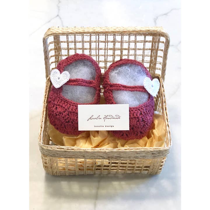 Mauve and White Heart Mary Jane Crocheted Booties in Basket for wholesale by Loralin Design