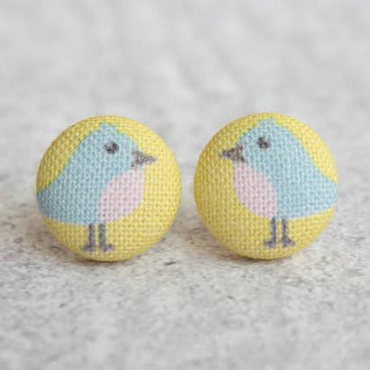 Little Bluebird Fabric Button Earrings for wholesale by Rachel O's