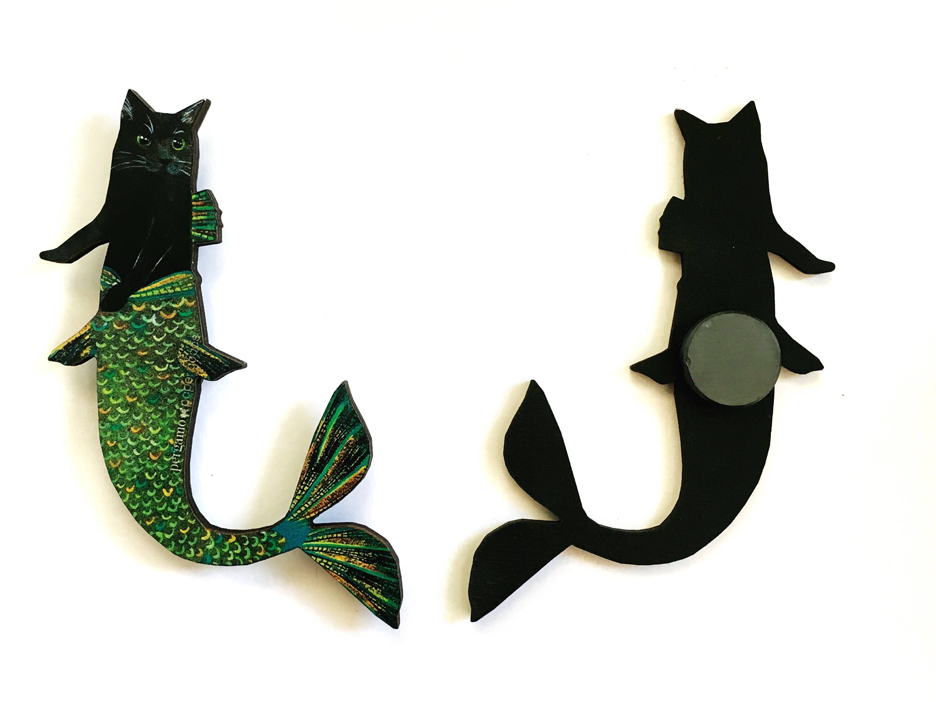 Pergamo Paper Goods - Wholesale Magnet - Black Cat Mermaid Wood Magnet1