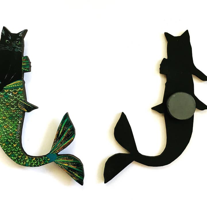 Pergamo Paper Goods - Wholesale Magnet - Black Cat Mermaid Wood Magnet1