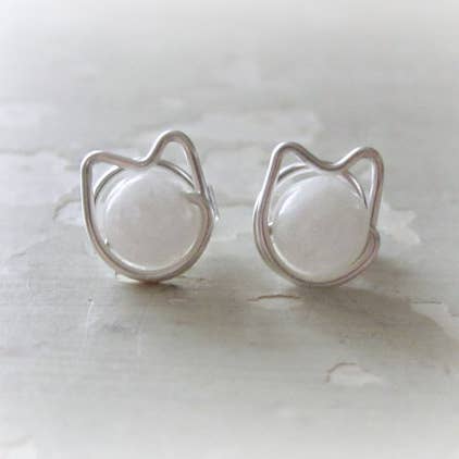 White Agate + Sterling Silver Cat Stud Earrings for wholesale by Contempo Jewelry
