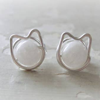 Contempo Jewelry - Wholesale Stud/Post Earrings - White Agate + Sterling Silver Cat Stud Earrings0