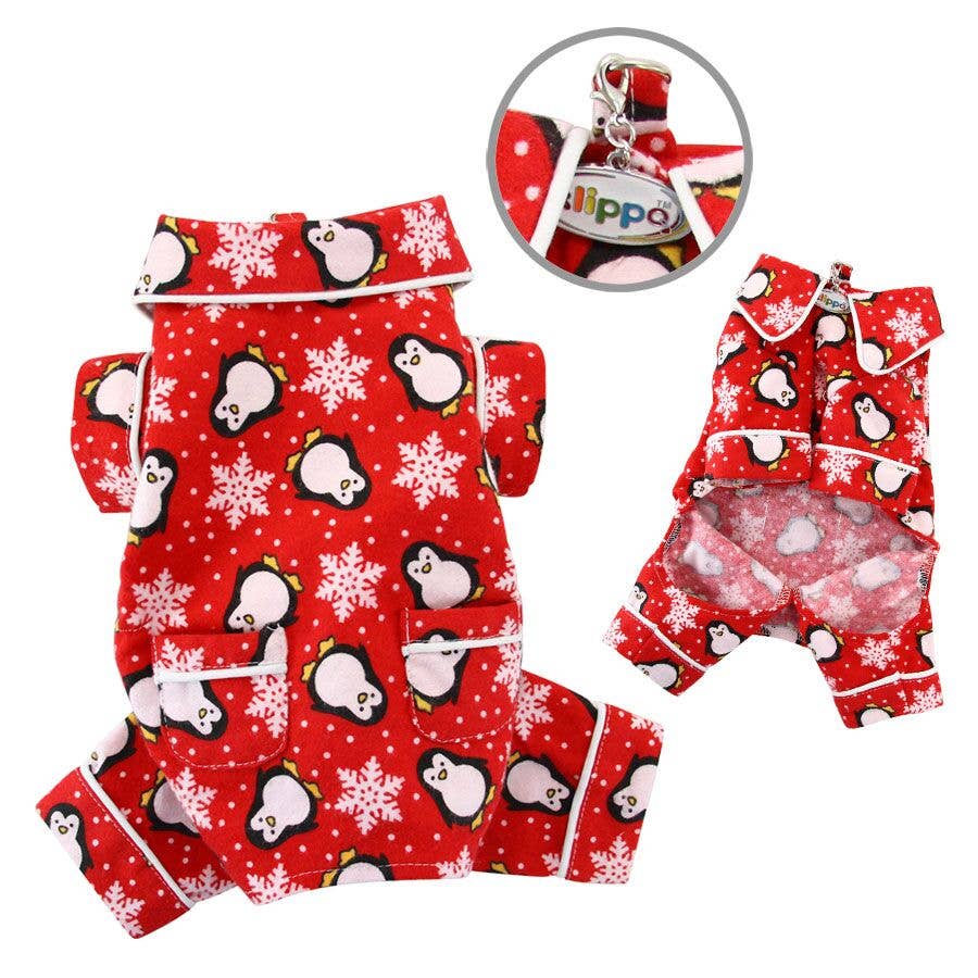 Klippo Pet - Wholesale Pet Pajamas - Dog - Penguins and Snowflake Flannel Pajamas - Red1