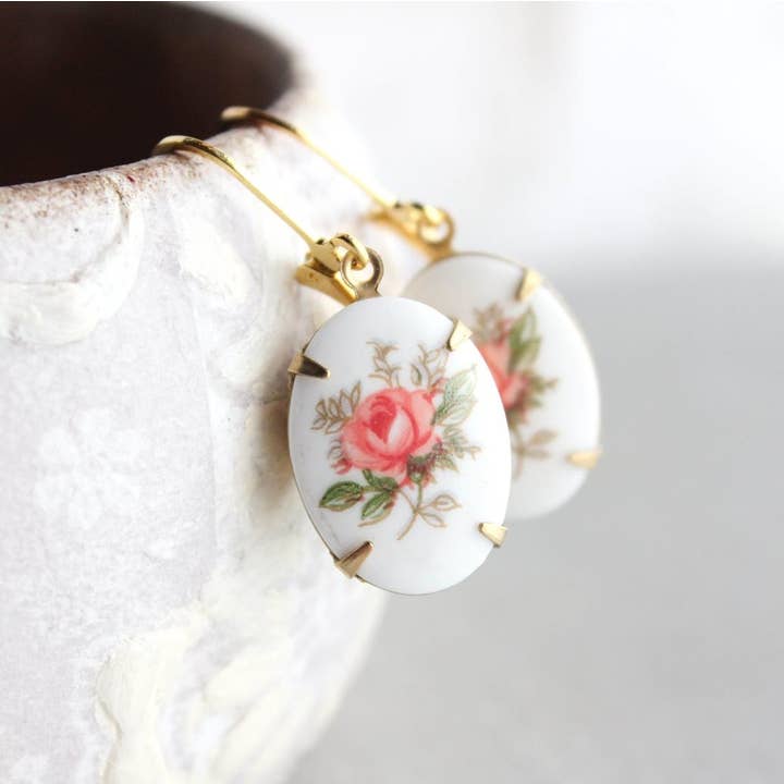 A Pocket of Posies - Wholesale Dangle Earrings - Pink Rose Oval Cameo Earrings - Vintage Glass