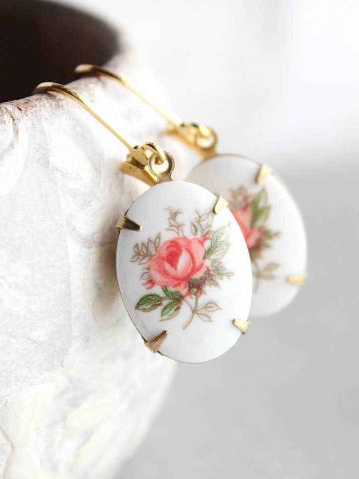 Pink Rose Oval Cameo Earrings - Vintage Glass for wholesale by A Pocket of Posies