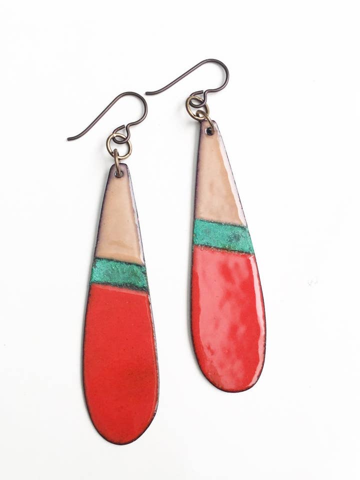 Red and Patina Enamel Earrings for wholesale by Courtney Fischer Jewelry