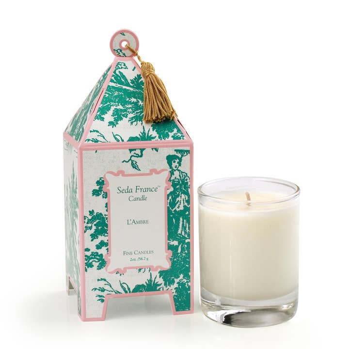 L'Ambre Classic Toile Mini Pagoda Box Candle for wholesale by Seda France Candles