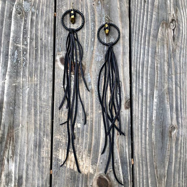 Hoop Tassels - Gold Crystal & Black Leather, Long Earrings for wholesale by ASTALI