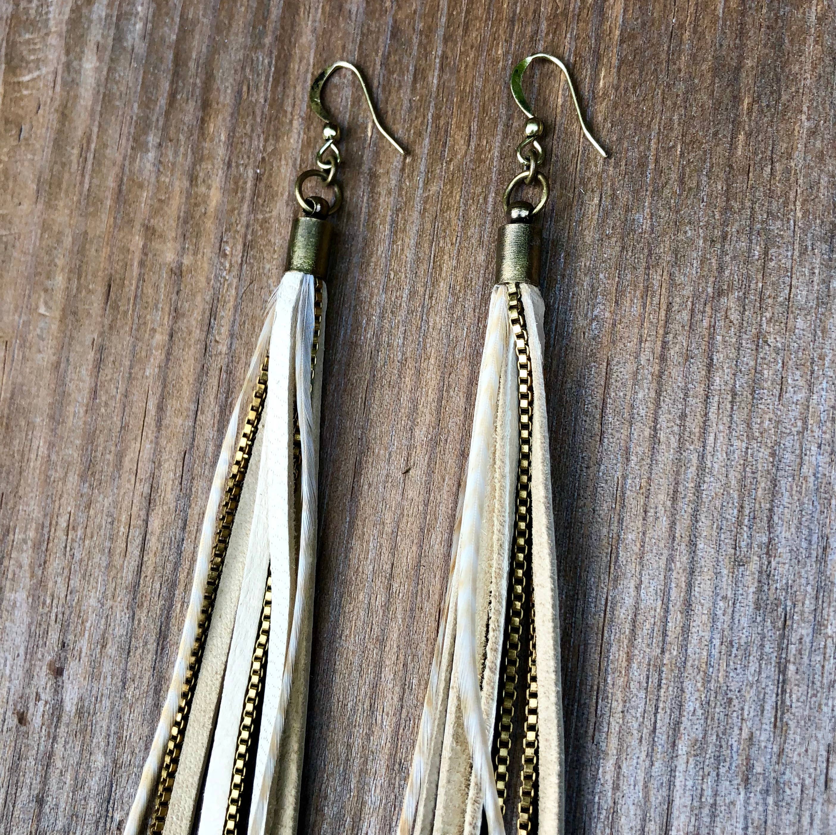 ASTALI - Wholesale Tassel Earrings - Leather & Feather Long Earring - Cream & Blonde Stripe, Boho5