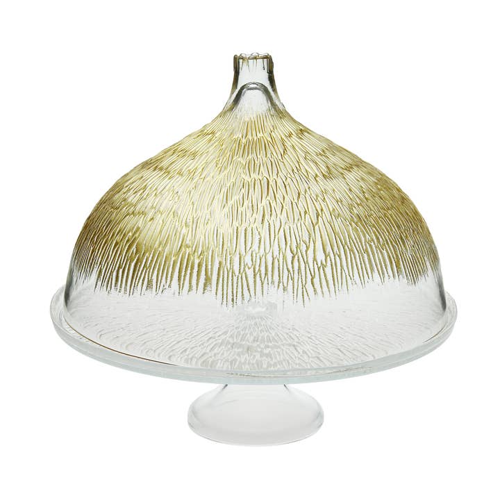 Support à gâteau en verre avec dôme doré pour la vente par CLASSIC TOUCH DECOR INC.