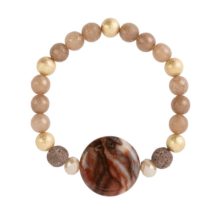 BOPS WHOLESALE - Wholesale Beaded Bracelet - Zengo Natural Stones w/Lg Stone and 2 Brown Lava Beads