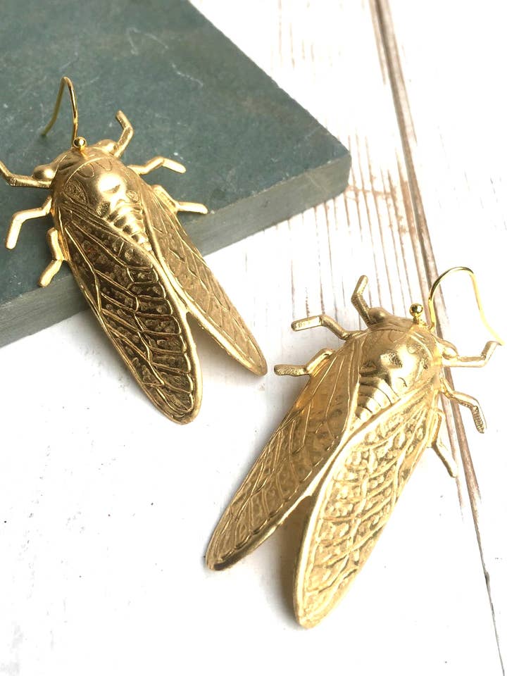 Gold Beetle Earrings Cicada Earrings Short Ear Wires for wholesale by Red Truck Designs