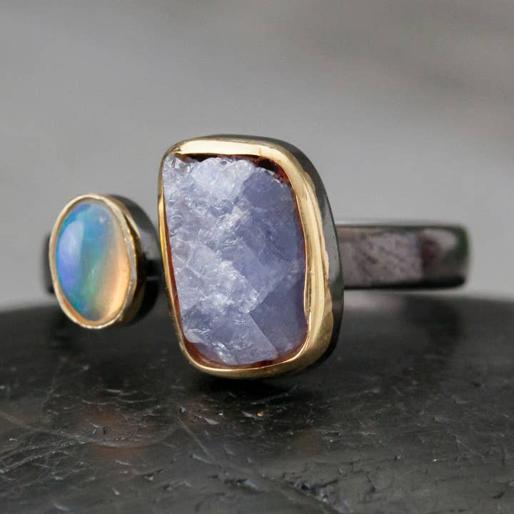 Rhodium Gold Plated Opal and Tanzanite Ring for wholesale by Baizaar