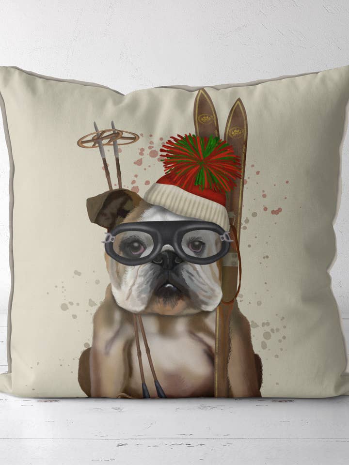English Bulldog Ski Lodge Throw Pillow or Outdoor Cushion for wholesale by FabFunky Ltd
