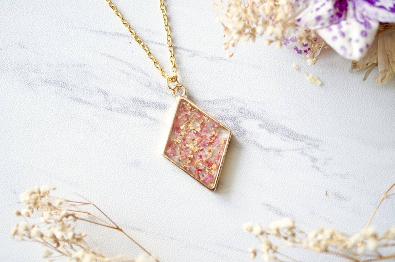 Ann + Joy - Wholesale Pendant/Charm Necklace - Gold Diamond in Pink, Orange & Gold Foil Real Dried Flowers in Resin Necklace0
