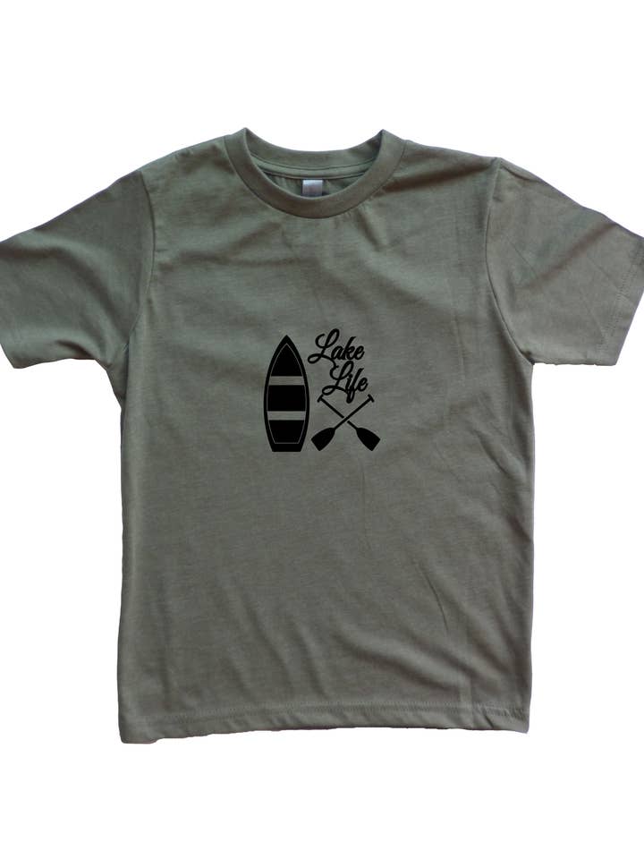 Military Green with Black Lake Life Boy's Shirt for wholesale by Outdoorable Apparel
