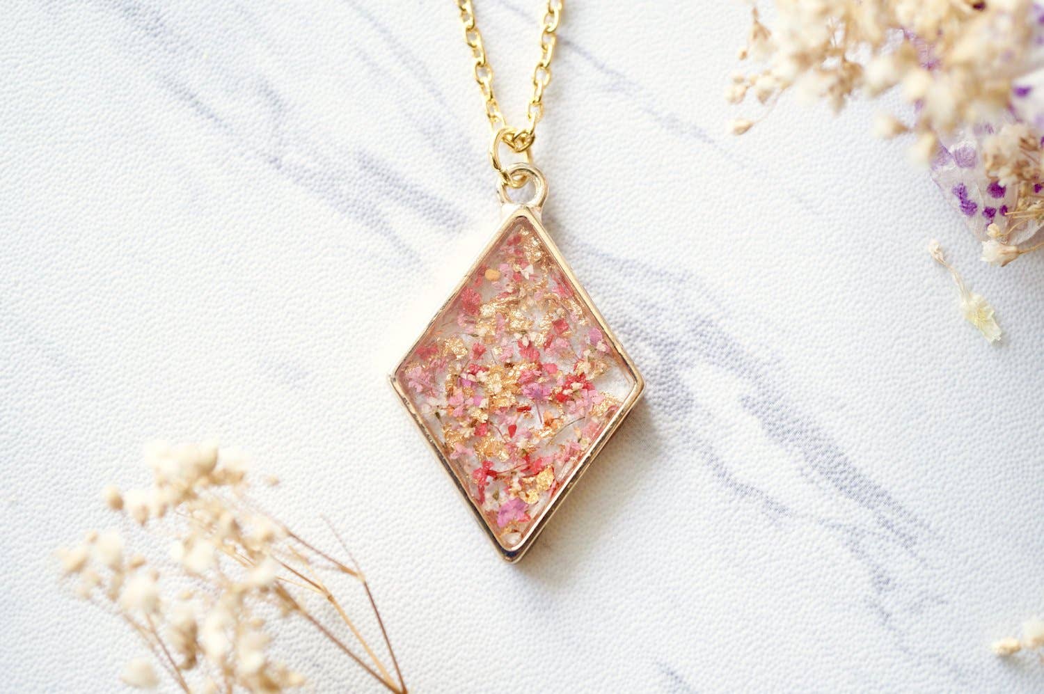 Ann + Joy - Wholesale Pendant/Charm Necklace - Gold Diamond in Pink, Orange & Gold Foil Real Dried Flowers in Resin Necklace2