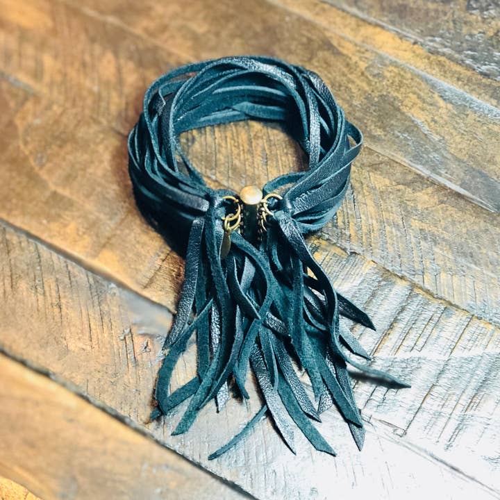 Leather Biker Cuff - Black, Multi-Strand Fringe Bracelet for wholesale by ASTALI