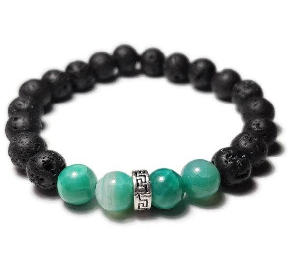 Foxfire Stones - Wholesale Beaded Bracelet - Black Braided Elastic - Underwater Caves / Rare Peacock Agate & Volcanic Lava Stone Bali Bead Spacer Healing Stone Bracelet Moon And Star Charm