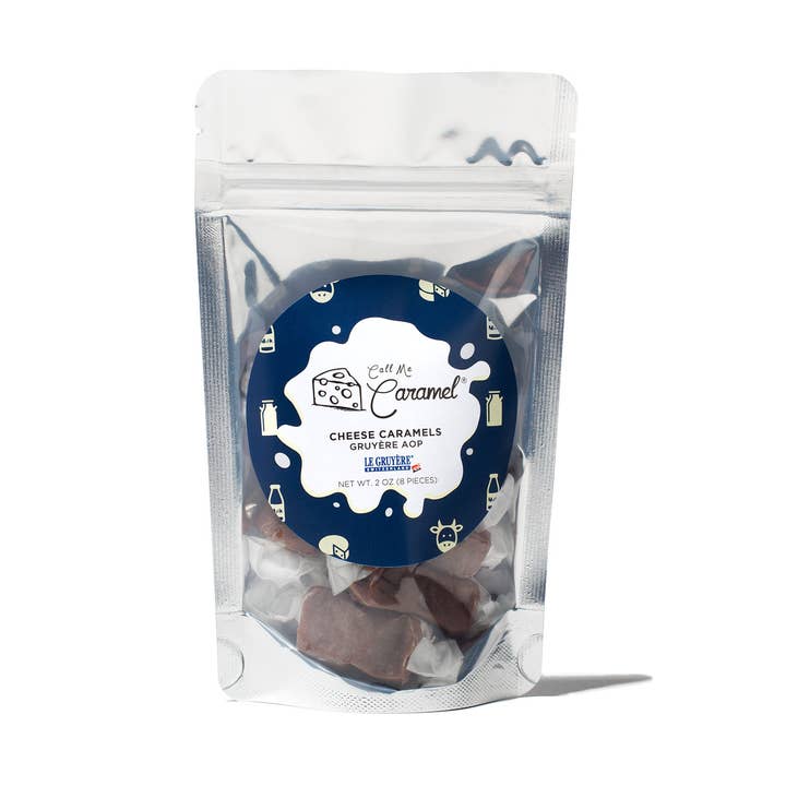 Gruyère AOP Cheese Caramel White Zip Bag for wholesale by Call Me Caramel, Inc