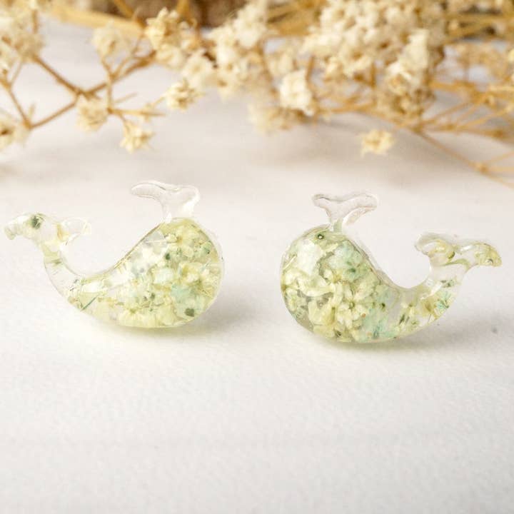 Balena in vero fiore secco giallo e menta e perno in resina per la vendita all'ingrosso da parte di Ann + Joy