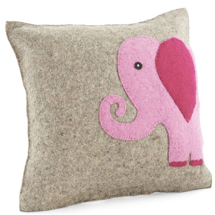 Cuscino in Feltro Fatto a Mano - Elefante Rosa su Grigio - 18", Cameretta Bambini per la vendita all'ingrosso da parte di Arcadia Home