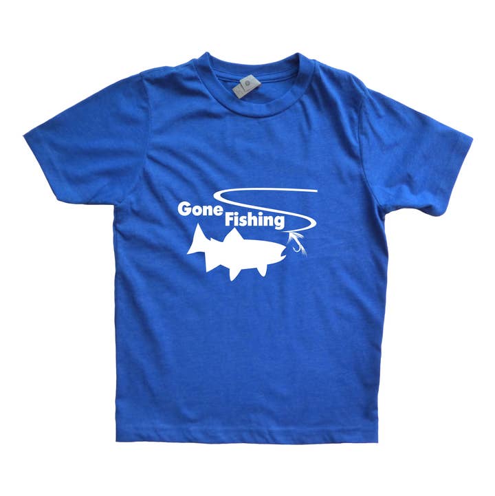 Outdoorable Apparel - Wholesale Screen Printed T-Shirt - Kids - Blue with White Gone Fishing Boy's Shirt0