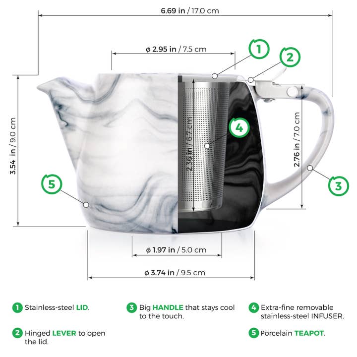 TEALYRA / LUXBE - Wholesale Tea Pot - Marble Porcelain Grey Teapot With Infuser 22oz