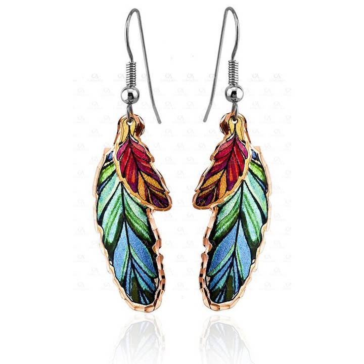 CA YM 109 Dangle Copper Colorful Feather Earrings for wholesale by COPPER ARTS INC.