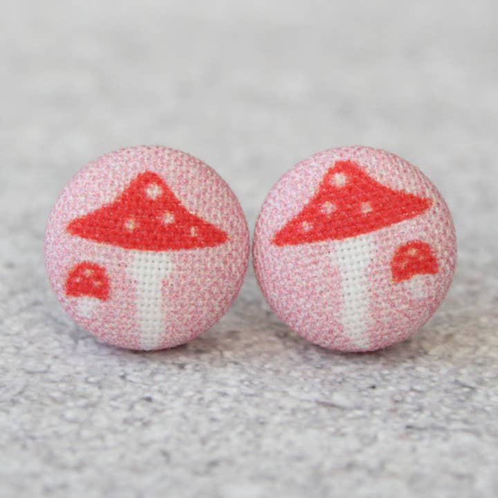 Pink Mushroom Fabric Button Earrings for wholesale by Rachel O's