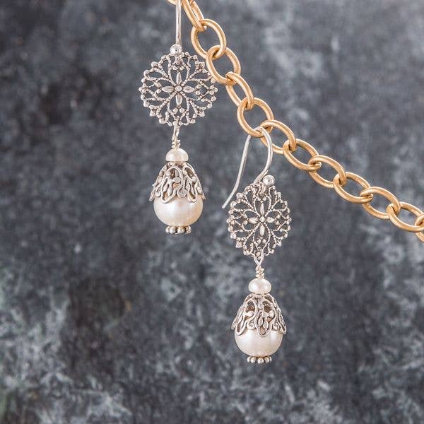 Pearls - Freshwater Pearl and Silver Filigree Earrings for wholesale by Felicity Jewelry Designs