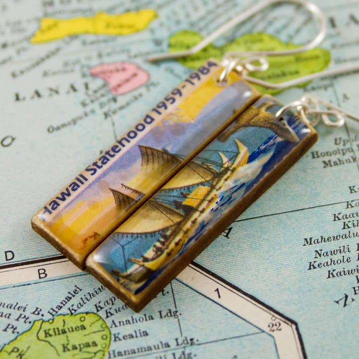 Hawaii Vintage Postage Stamp Earrings for wholesale by No Man's Land