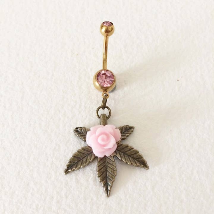 Cannabis Weed Marijuana Belly Ring - Bronze Pink Rose Floral for wholesale by Smokies Toke Couture
