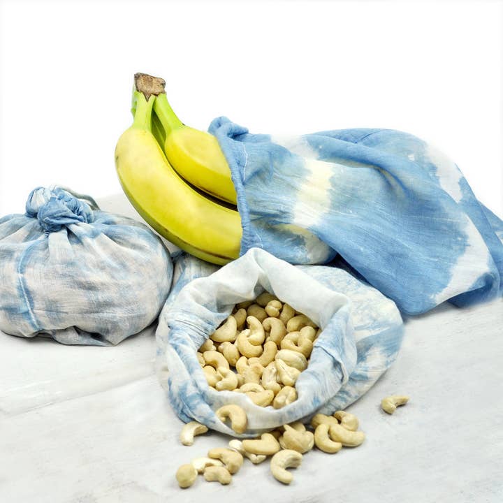 Gray Green Goods - Vente Sacs de course/à provisions - Lot de 3 sacs de coton réutilisables, tie-dye indigo5