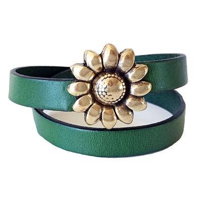 Groen - Zonnebloem messing leren armband voor wholesale door LIVE AHA
