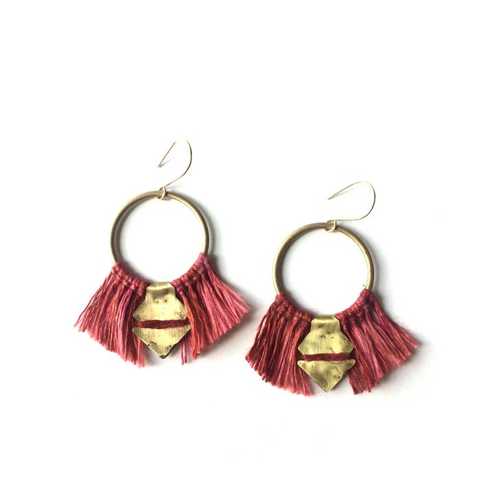 Textured Brass Hoop Earrings w/ Dyed Linen Tassels // Small for wholesale by LUNASOL