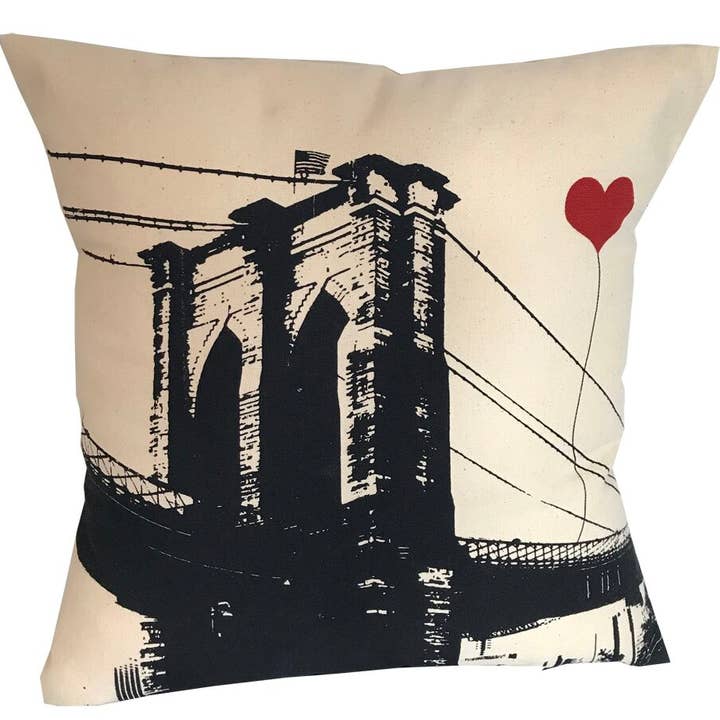 New York New York Brooklyn Bridge Coussin carré en toile 16 po x 16 po pour la vente par noteify