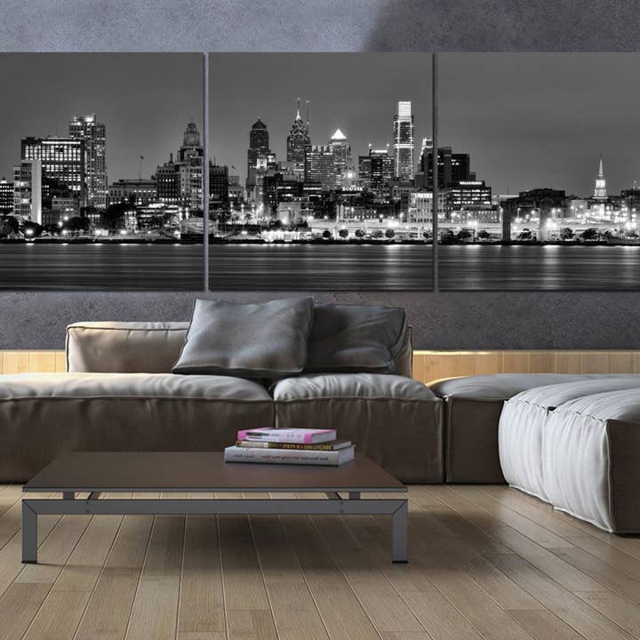 64 „x 20" Philadelphia Skyline Sort og hvid lærredskunst for engroshandel hos HolyCowCanvas