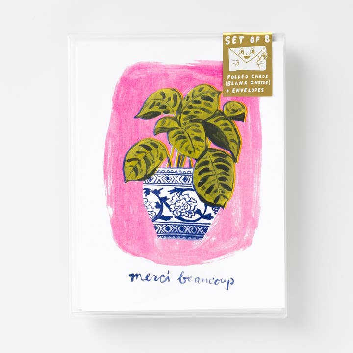 Set of 8 - Merci Beaucoup Plant Risograph Card for wholesale by Yellow Owl Workshop