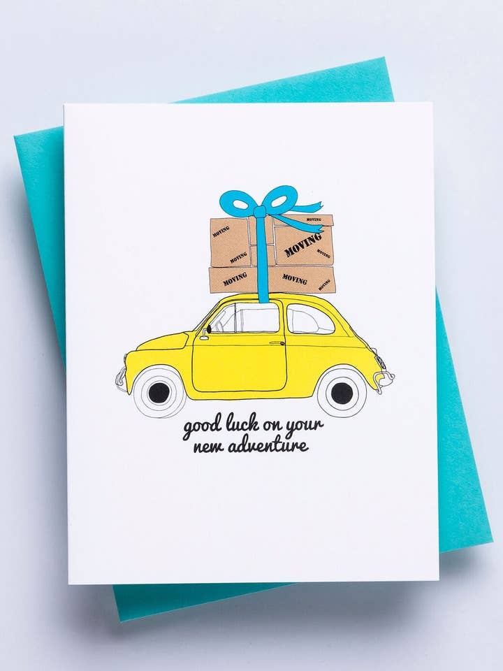 Moving Moto Card - Moving Away greeting card, bon voyage for wholesale by Richie Designs