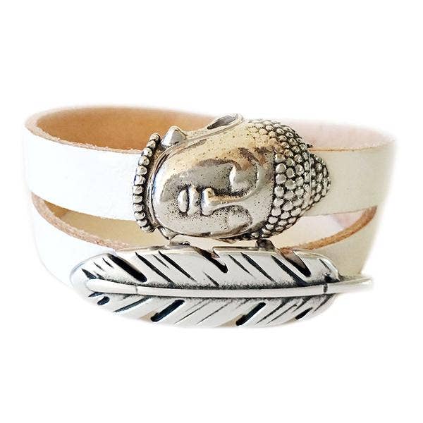 Hvid - Big Buddha og fjer sølv læder armbånd for engroshandel hos LIVE AHA