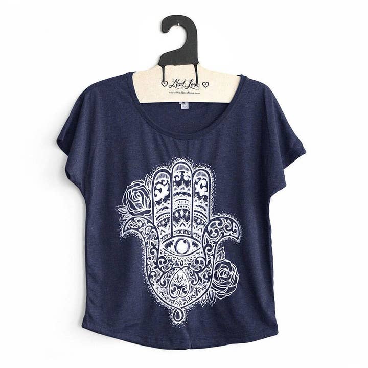 Top Dolman bleu marine avec imprimé Hamsa pour la vente par Mad Love Shop