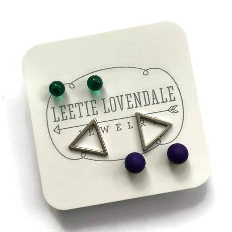 Leetie Lovendale - Wholesale Jewelry Set - Tiny Emerald Blue & Silver Triangle Geo Studs Earrings Set0