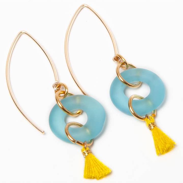 Smart Glass Recycled Jewelry - Wholesale Dangle earrings - MINI TASSEL EARRINGS AQUA | Summer Earrings